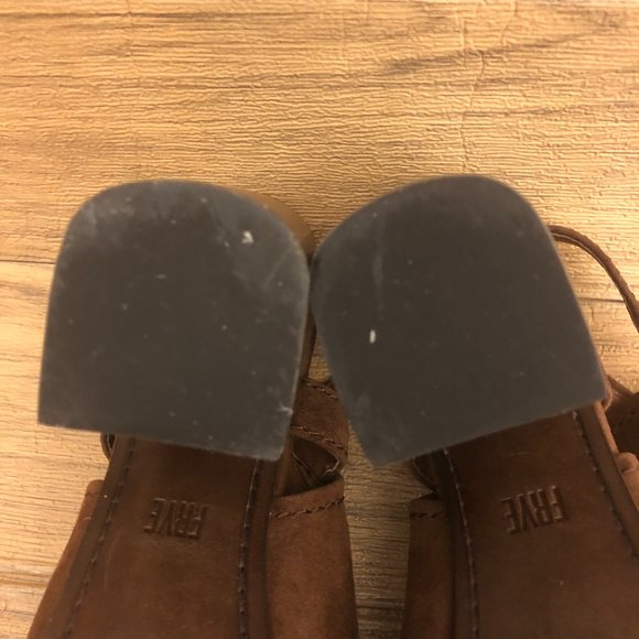 Frye Dani Shield Sling Peep Toe Ankle leather suede cognac tan Booties, 9.5 - Picture 13 of 16